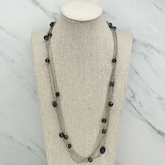 Silver Tone Blue Beaded Chain Link Necklace and Matching Dangle Earrings - Picture 2 of 7